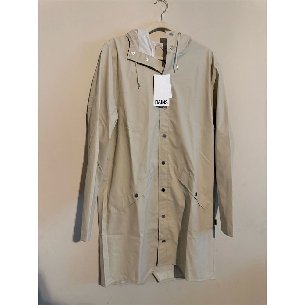 Rains Long Waterproof Jacket Taupe Size M Hooded Rain Coat
